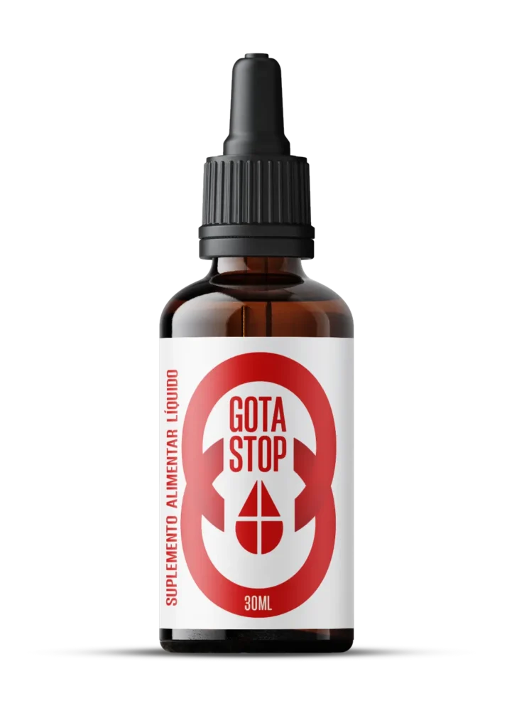 Um frasco de suplemento alimentar líquido Gota Stop de 30ml, com rótulo vermelho destacando o logotipo e o nome da marca.